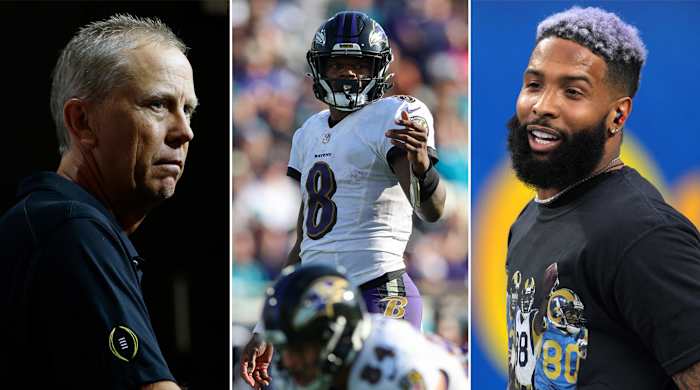 Todd Monken; Lamar Jackson stands and points; Odell Beckham Jr. smiles